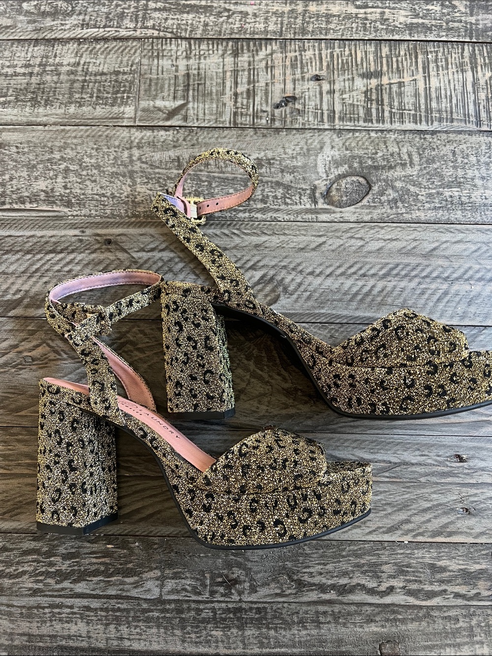 Laundry by Shelli Segal Gold Leopard Glitter Ankle-Strap Heels